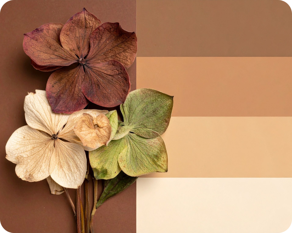Flores secas em tons de marrom-avermelhado, creme e verde-acinzentado sobre um fundo marrom. Ao lado, uma paleta de cores correspondente com quatro faixas horizontais que variam do marrom escuro ao bege claro, harmonizando-se com as cores das flores.