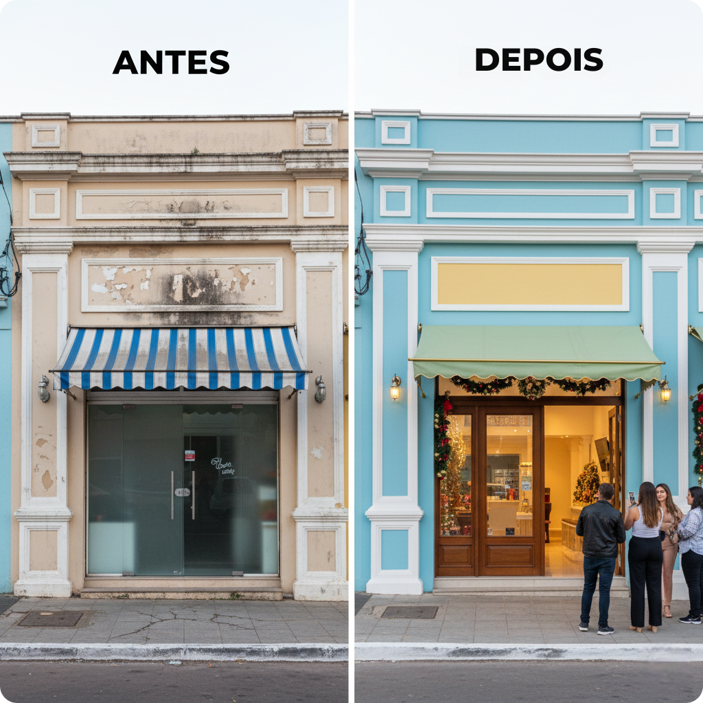 Uma imagem dividida verticalmente ao meio mostrando o "antes" e o "depois" da fachada de um estabelecimento comercial brasileiro moderno. No lado esquerdo (Antes), a fachada apresenta sinais de desgaste: a pintura está desbotada pelo sol, há manchas de umidade e poeira acumulada, conferindo um aspecto descuidado e opaco. No lado direito (Depois), a mesma fachada aparece renovada com uma pintura impecável em tons vibrantes e harmônicos (azul-marinho e detalhes em branco). O acabamento é brilhante e limpo, transmitindo profissionalismo e frescor. A calçada está limpa e a iluminação do lado renovado é mais clara, destacando a beleza do estabelecimento após o retoque.