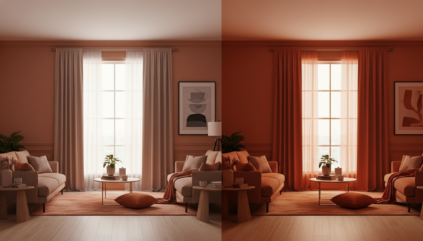 Comparação lado a lado de iluminação em uma sala de estar moderna. À esquerda, iluminação natural neutra através da janela; à direita, o mesmo ambiente com luz quente (amarelada), destacando como a temperatura da cor altera a percepção do sofá e da cortina.