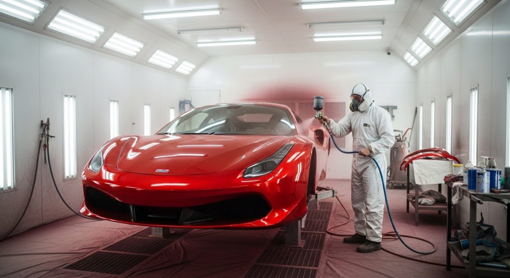 Pintor automotivo profissional usando macacão de proteção branco e máscara respiratória, aplicando verniz ou tinta com pistola de pulverização em uma Ferrari vermelha. O trabalho de funilaria e pintura ocorre dentro de uma cabine de luz especializada e climatizada.