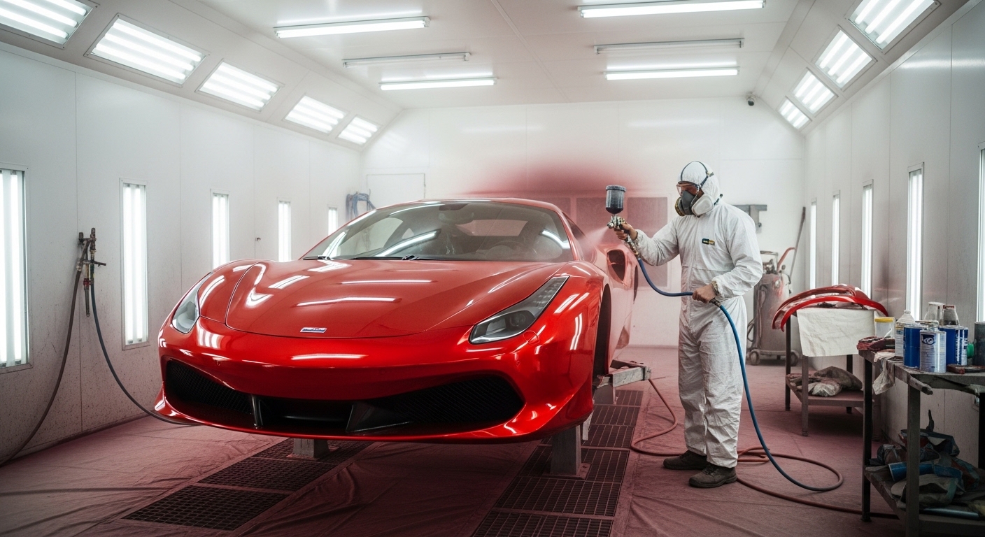 Pintor automotivo profissional usando macacão de proteção branco e máscara respiratória, aplicando verniz ou tinta com pistola de pulverização em uma Ferrari vermelha. O trabalho de funilaria e pintura ocorre dentro de uma cabine de luz especializada e climatizada.