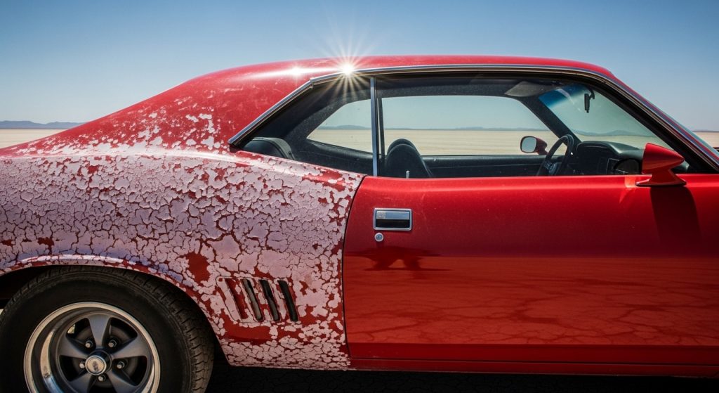 Lateral de um carro clássico vermelho exibindo danos severos na pintura causados pela exposição ao sol. O verniz está descascando e craquelado em tons esbranquiçados sobre a lataria traseira, contrastando com a parte da porta ainda brilhante sob a luz solar em um cenário de deserto